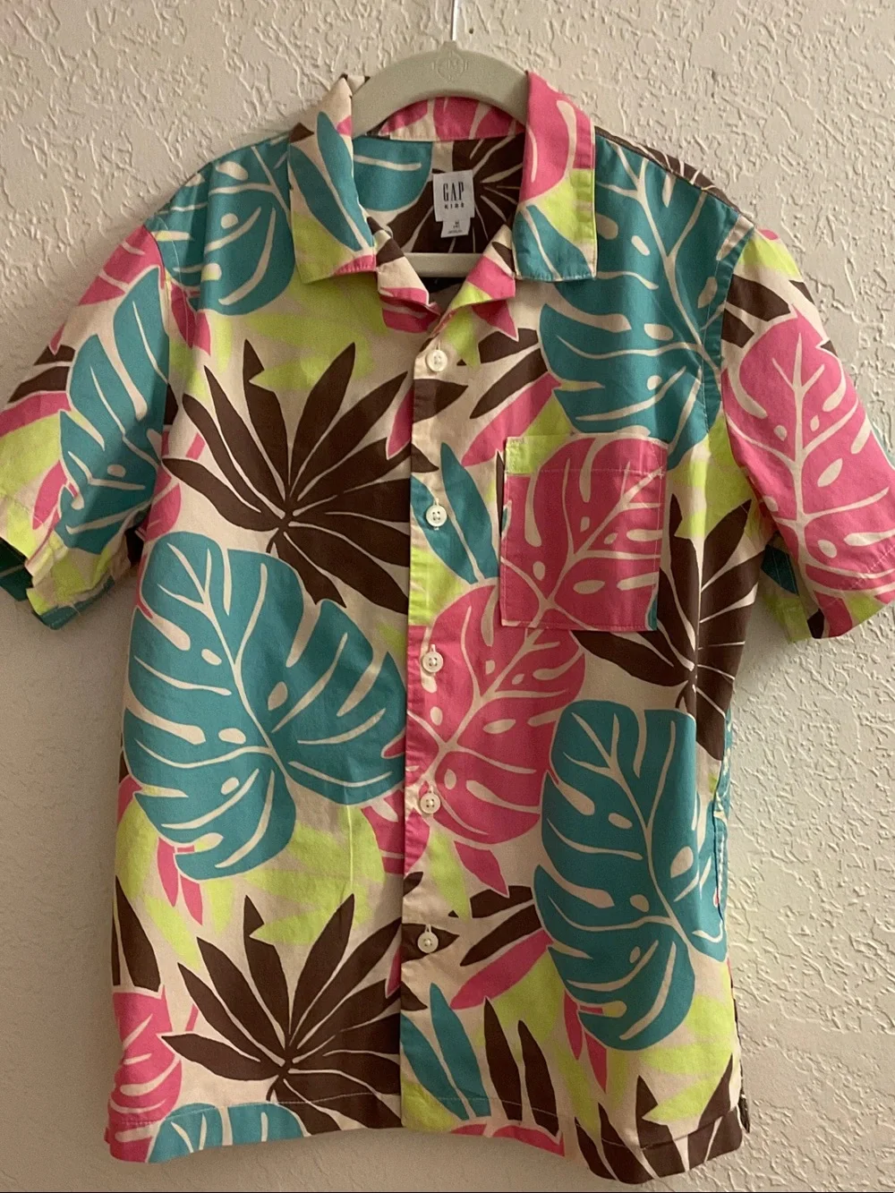 GAP Men’s Short Sleeve Tropical Leaf Print Shirt - Pink, Blue, Brown